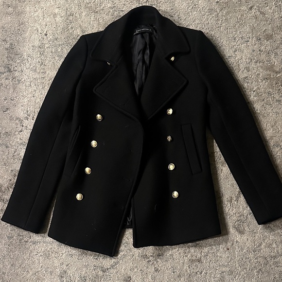 Zara Black Pea Coat with Silver Buttons - Picture 1 of 4